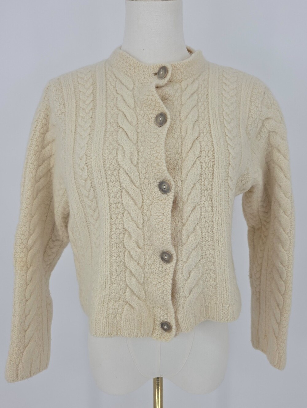 Paul James England 100% Wool Cable Knit Cardigan Sweater Cream Cropped S - Picture 2 of 10